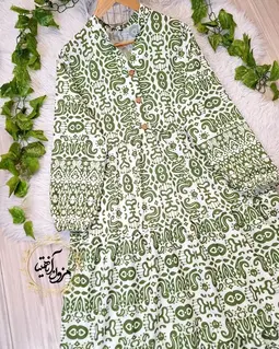 پیراهن ساحلی کرم سبز سدری طرح مصری دنیا