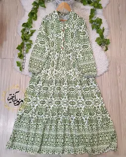 پیراهن ساحلی کرم سبز سدری طرح مصری دنیا