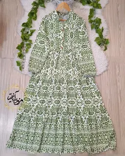 پیراهن ساحلی کرم سبز سدری طرح مصری دنیا