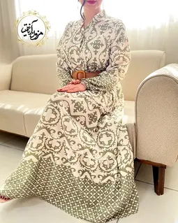 پیراهن ساحلی کرم سبز طرح سنتی بلکا