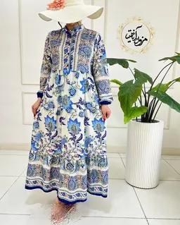 پیراهن ساحلی کرم سرمه ای طرح برگ و گلبرگ آموتیا