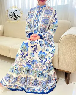 پیراهن ساحلی کرم سرمه ای طرح برگ و گلبرگ آموتیا