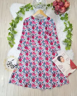 پیراهن مجلسی سفید طرح انار برگ سرمه ای پانیسا