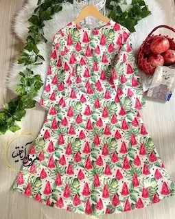 پیراهن مجلسی سفید طرح هندونه برگ سبز آذرین سایز-3-تخفیفی