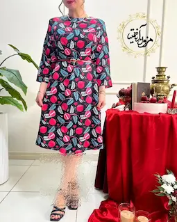 پیراهن مجلسی مشکی قرمز طرح انار خال خالی برگی آبی ملیحا