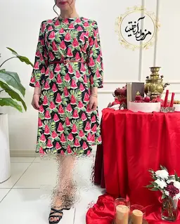 پیراهن مجلسی مشکی قرمز طرح هندونه برگ سبز آذرین