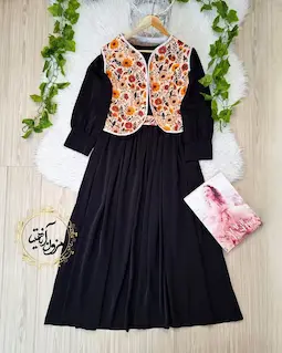 ژیله پیراهن سه تیکه مشکی کرم طرح ژیله گلدار ماهورا تخفیفی