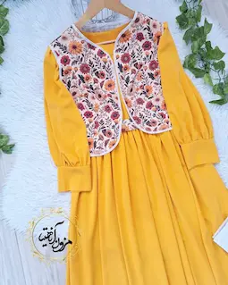 ژیله پیراهن سه تیکه کرم زرد طرح ژیله گلدار ماهورا