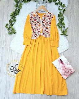 ژیله پیراهن سه تیکه کرم زرد طرح ژیله گلدار ماهورا