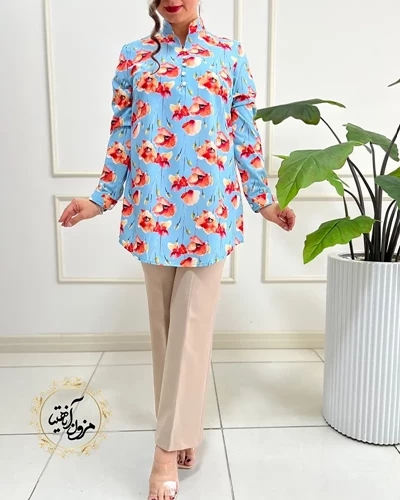تونیک پنج دکمه آبی طرح شقایق قرمز کتایون