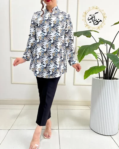 تونیک جلو دکمه سفید طرح برگ هاوایی آفرین