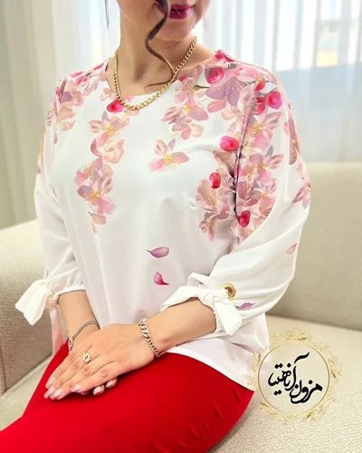شومیز آستین واشری  سفید طرح گلبرگ کالباسی پروا