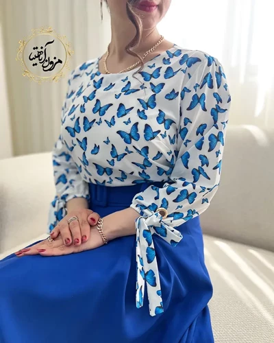 شومیز آستین واشری سفید طرح پروانه کاربنی نیاز