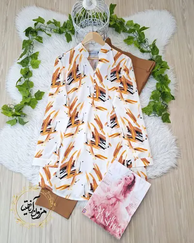 تونیک پنج دکمه سفید طرح نسکافه ای خطی آبرنگی مهشید سایز-5-تخفیفی