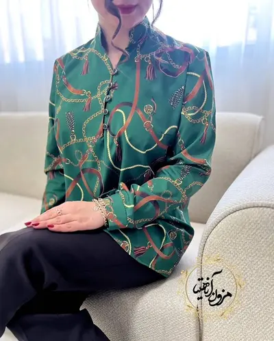 تونیک پنج دکمه سبز سایز بزرگ طرح ورساچه طنابی فریال