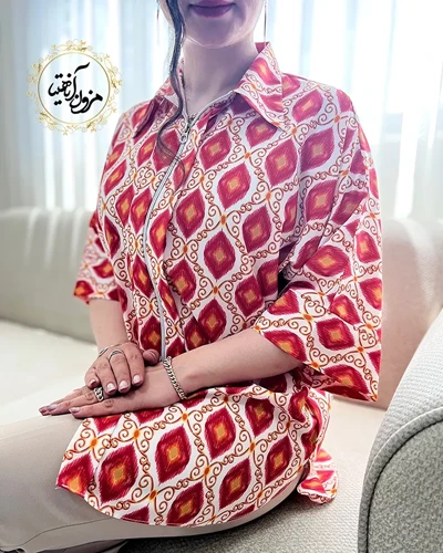 شومیز جلو زیپ دار سفید قرمز طرح لوزی سنتی ترمه