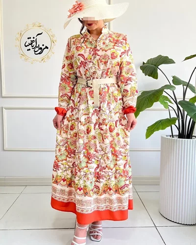 پیراهن ساحلی کرم نارنجی طرح برگ و گلبرگ گیسو