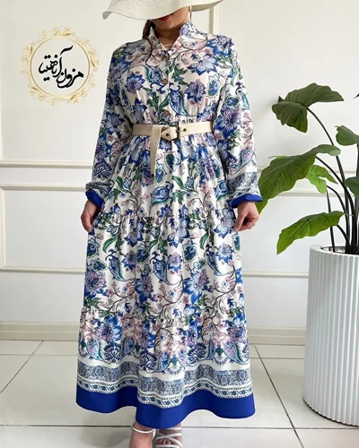 پیراهن ساحلی کرم کاربنی طرح برگ و گلبرگ رنگی جانان