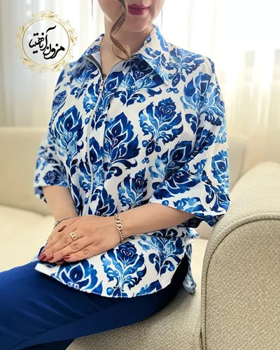 شومیز جلو زیپ دار سفید کاربنی طرح سنتی برنا