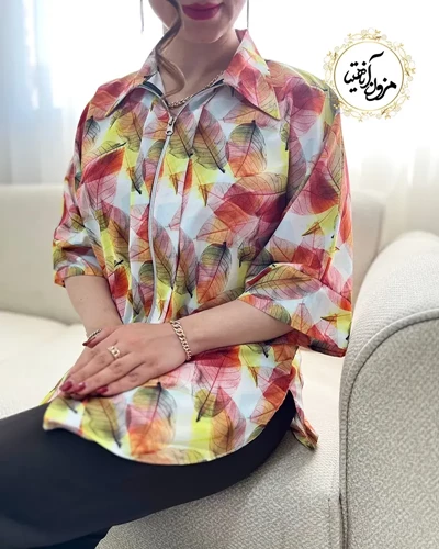 شومیز جلو زیپ دار سفید طرح برگهای پاییزی پانیذ