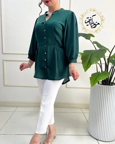 شومیز جلو دکمه سبز تیره طرح پایین چین گلناز