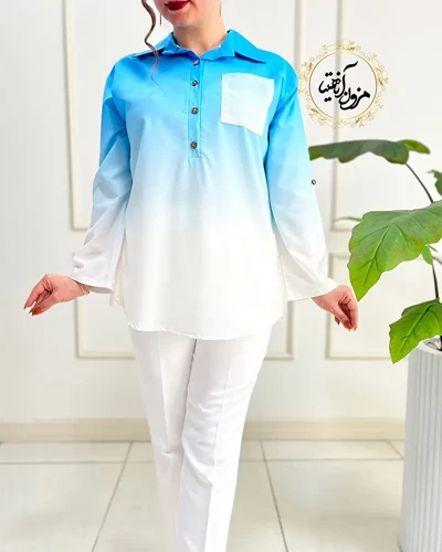 شومیز جلو بسته آبی سفید طرح ایتالیایی