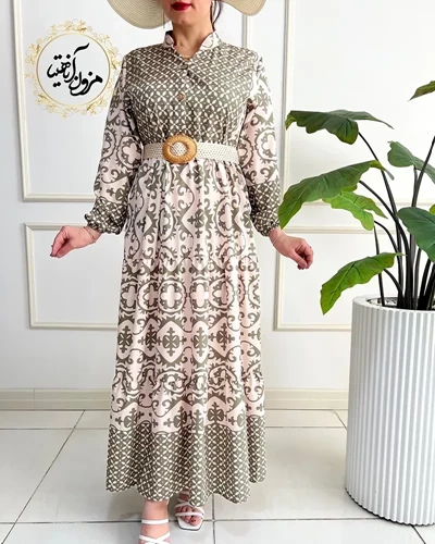 پیراهن ساحلی جلو حاشیه کرم سبز طرح سنتی نجلا