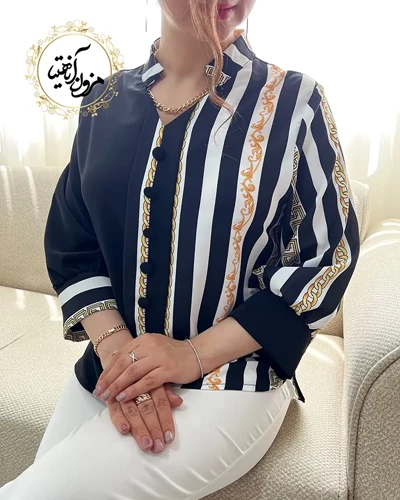 شومیز نیمه زنجیری سفید مشکی سایز-2-تخفیفی