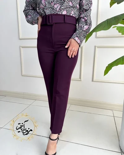 شلوار زنانه جیب نما بنفش طرح با کمربند دانیلا