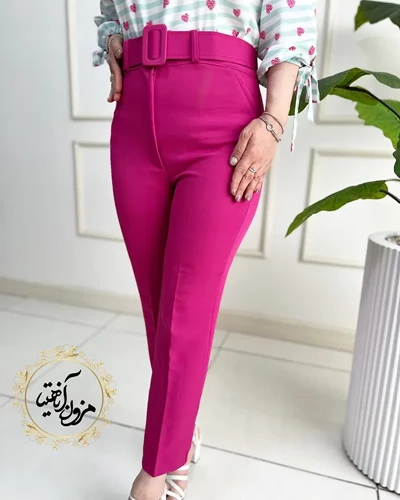 شلوار زنانه جیب نما سرخابی طرح با کمربند دانیلا