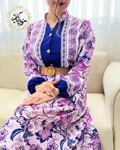 پیراهن ساحلی جلو حاشیه بنفش کاربنی طرح برگ و گلبرگ ساغر