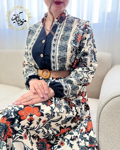 پیراهن ساحلی جلو حاشیه سبز تیره نارنجی طرح برگ و گلبرگ ویانا