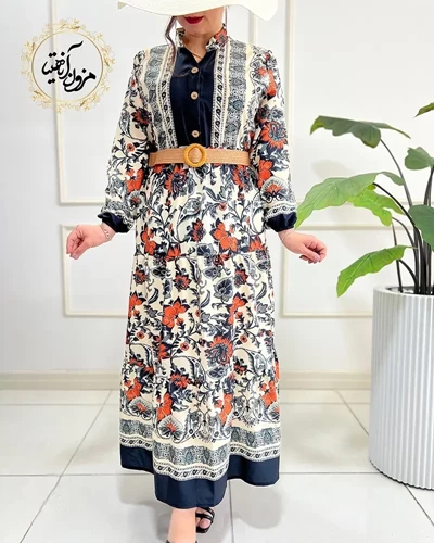 پیراهن ساحلی جلو حاشیه سبز تیره نارنجی طرح برگ و گلبرگ ویانا