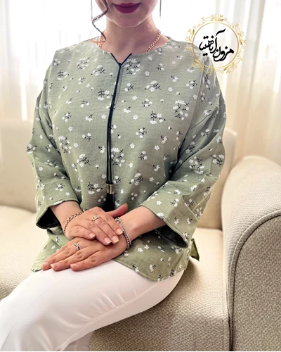 تونیک جلو بسته سبز سدری طرح گل گچی نرمینه