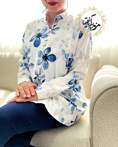 تونیک پنج دکمه سفید سرمه ای سایز بزرگ طرح گلدار محیا