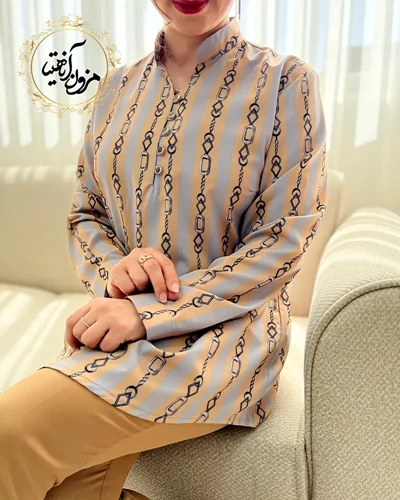تونیک پنج دکمه طوسی نسکافه ای سایز بزرگ طرح راه راه زنجیری صبا