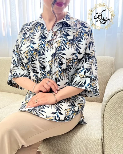 شومیز جلو زیپ دار سفید طرح برگ هاوایی نسرین