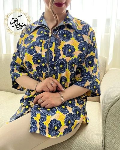 شومیز جلو زیپ دار سرمه ای زرد طرح گلدار دلنور