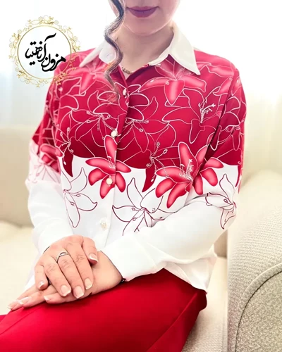 شومیز جلو دکمه تک سفید قرمز طرح بهار