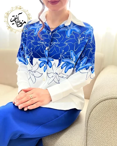 شومیز جلو دکمه تک سفید کاربنی طرح بهار