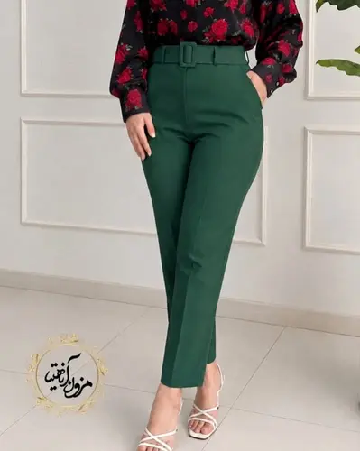 شلوار زنانه جیب نما سبز تیره طرح با کمربند دانیلا