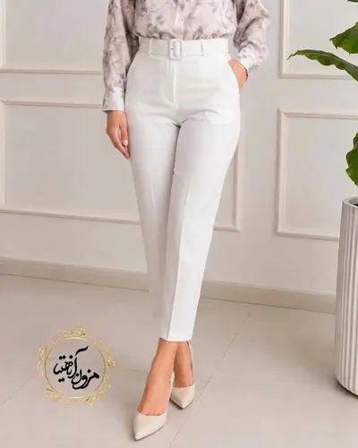 شلوار زنانه جیب نما سفید طرح با کمربند دانیلا