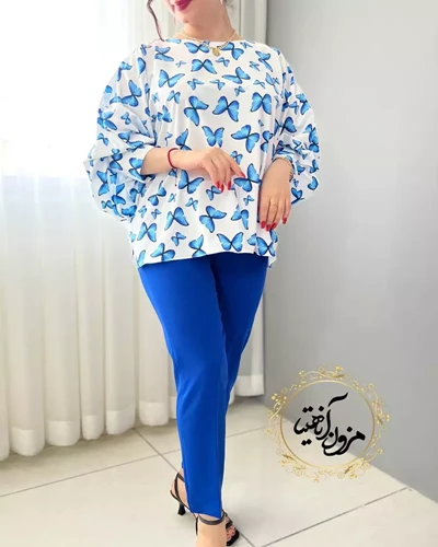 شومیز آستین کیمونو بگ سفید کاربنی طرح پروانه