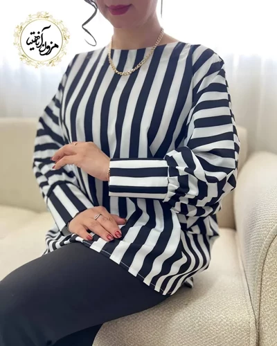 شومیز آستین کیمونو بگ سفید مشکی طرح  راه راه 