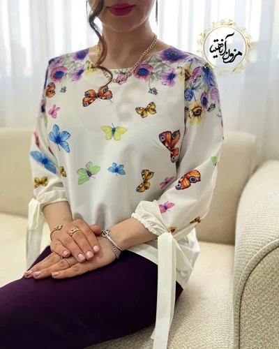شومیز آستین واشری سفید طرح دشت پروانه ها