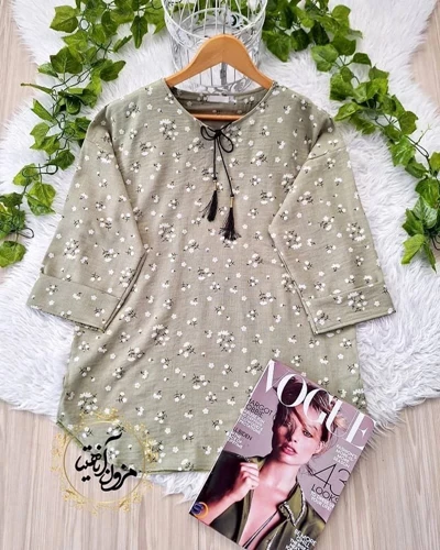 تونیک جلو بسته سبز سدری طرح گل گچی نرمینه سایز-1-تخفیفی