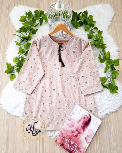 تونیک جلو بسته خاکی روشن طرح گل گچی نرمینه