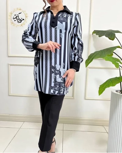 تونیک راه راه اطلس طوسی روشن سایز-38-تخفیفی