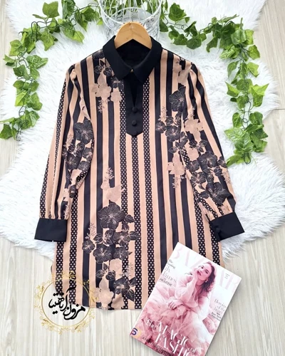 تونیک راه راه اطلس نسکافه ای مشکی سایز-38-تخفیفی