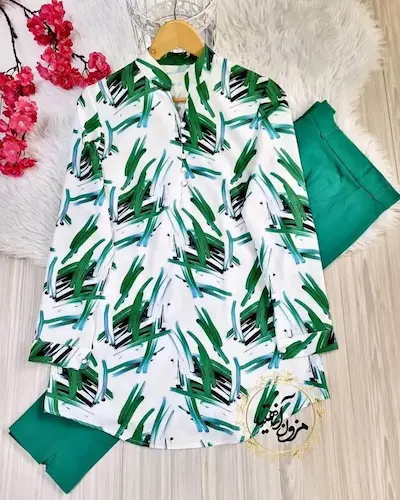 تونیک پنج دکمه سفید سبز طرح خطی آبرنگی  مهشید سایز-7-تخفیفی